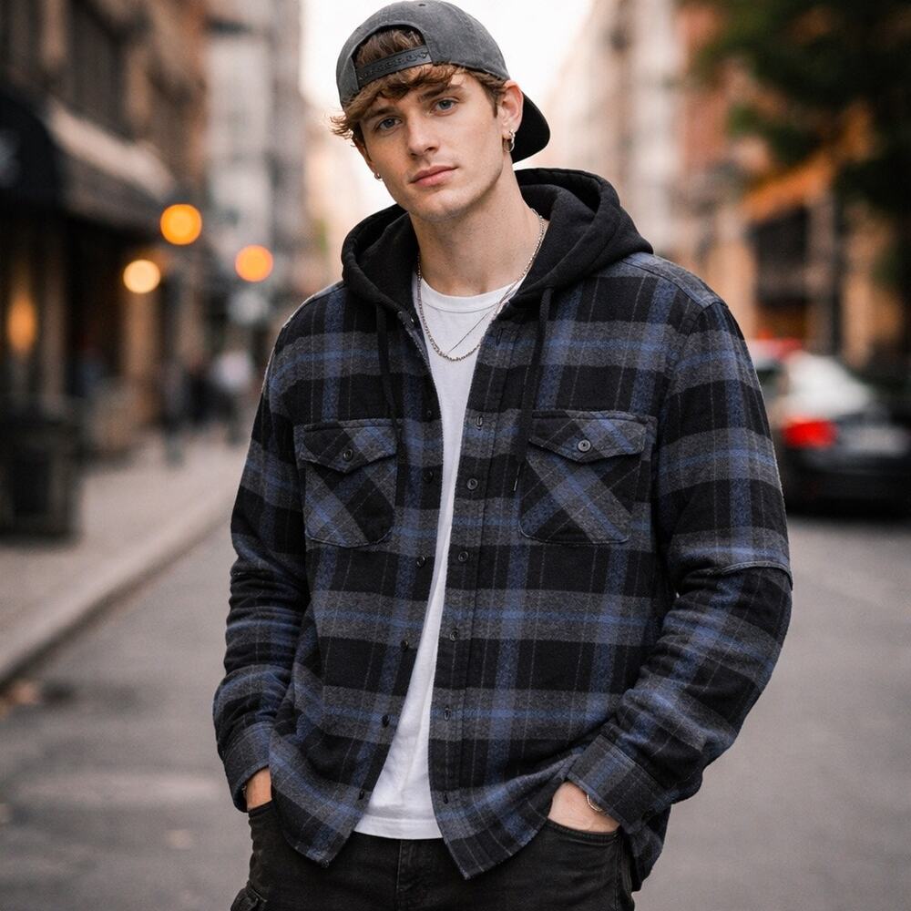 9 Crown Flannel Shirt Men’s Large Hoodie Blue Black Plaid Shacket Punk Skater